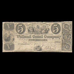 Canada, Welland Canal Company, 5 dollars : September 2, 1836