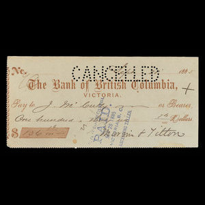 Canada, Bank of British Columbia, 136 dollars, 76 cents : September 28, 1885