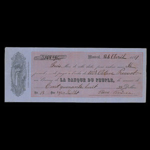 Canada, Banque du Peuple (People's Bank), 148 dollars, 44 cents : April 26, 1861