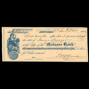 Canada, Molsons Bank, 382 dollars, 7 cents : June 1, 1864