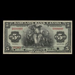 Canada, Barclays Bank, 5 dollars : January 2, 1935