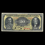 Canada, Banque Internationale du Canada, 20 dollars : October 17, 1911