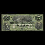 Canada, Merchants Bank of Canada (The), 5 dollars <br /> July 2, 1886