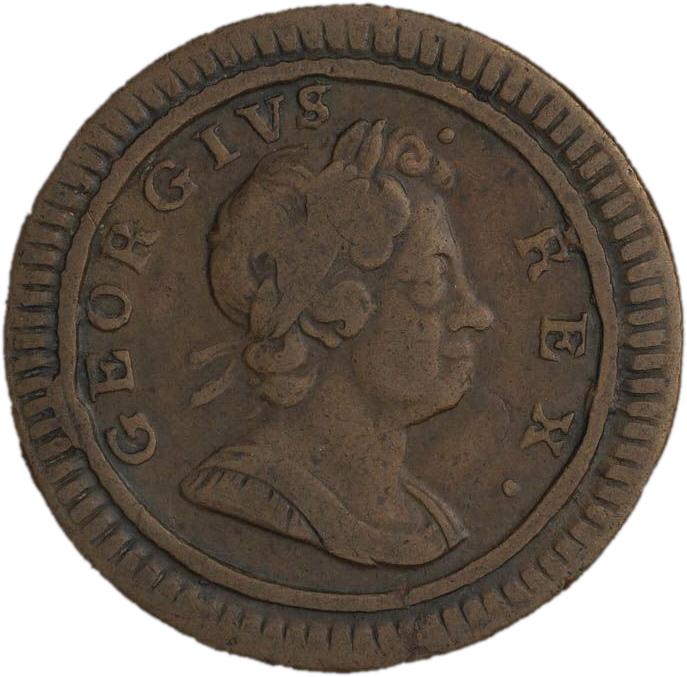 Copper coin with a profile of a king wearing a laurel wreath in his hair.