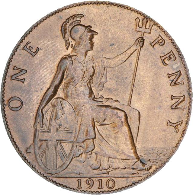 Coin with an image of a seated Britannia with a trident.