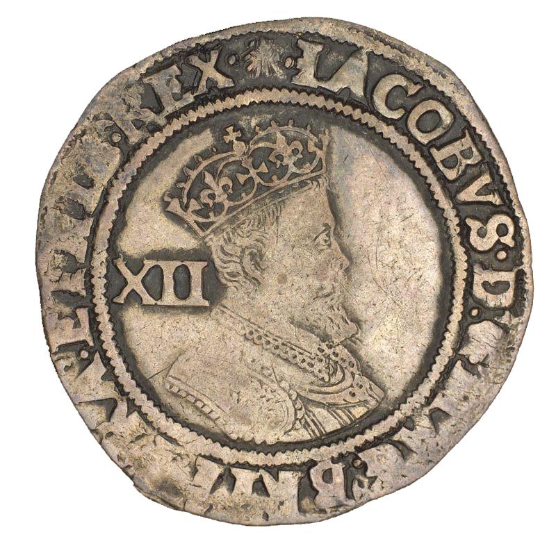 Roughly struck silver coin with the profile of a crowned Queen Elizabeth I.