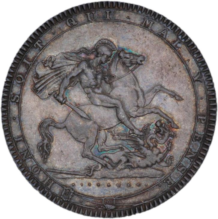 Silver coin with an image of a warrior angel killing a dragon.