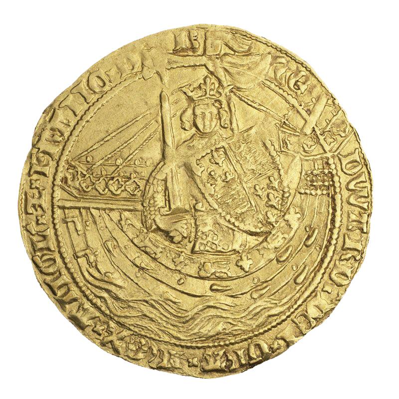 Roughly struck gold coin with a crowned and armed king aboard a ship.