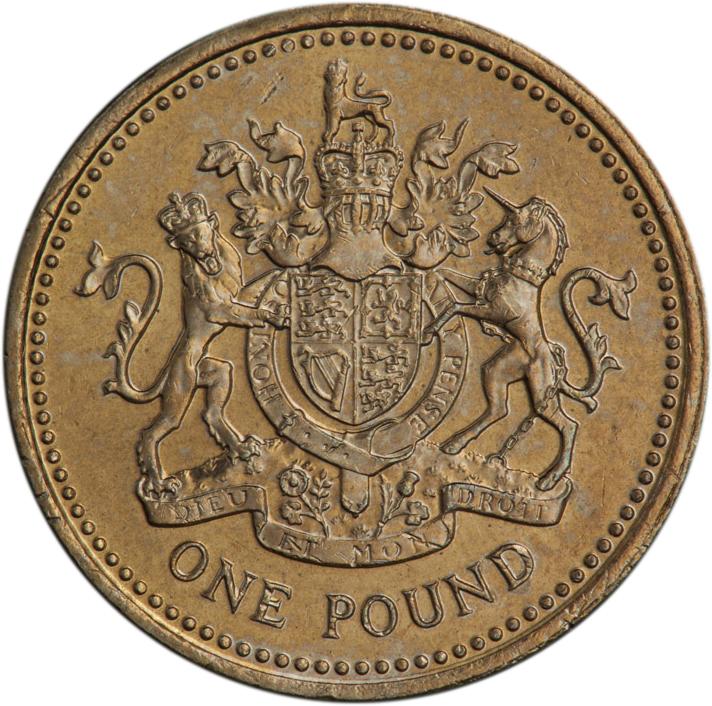 Gold-coloured coin featuring the UK coat of arms with a lion and a unicorn.