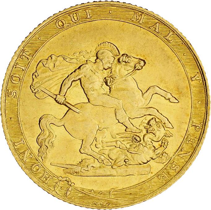 Shiny gold coin featuring a warrior angel slaying a dragon.