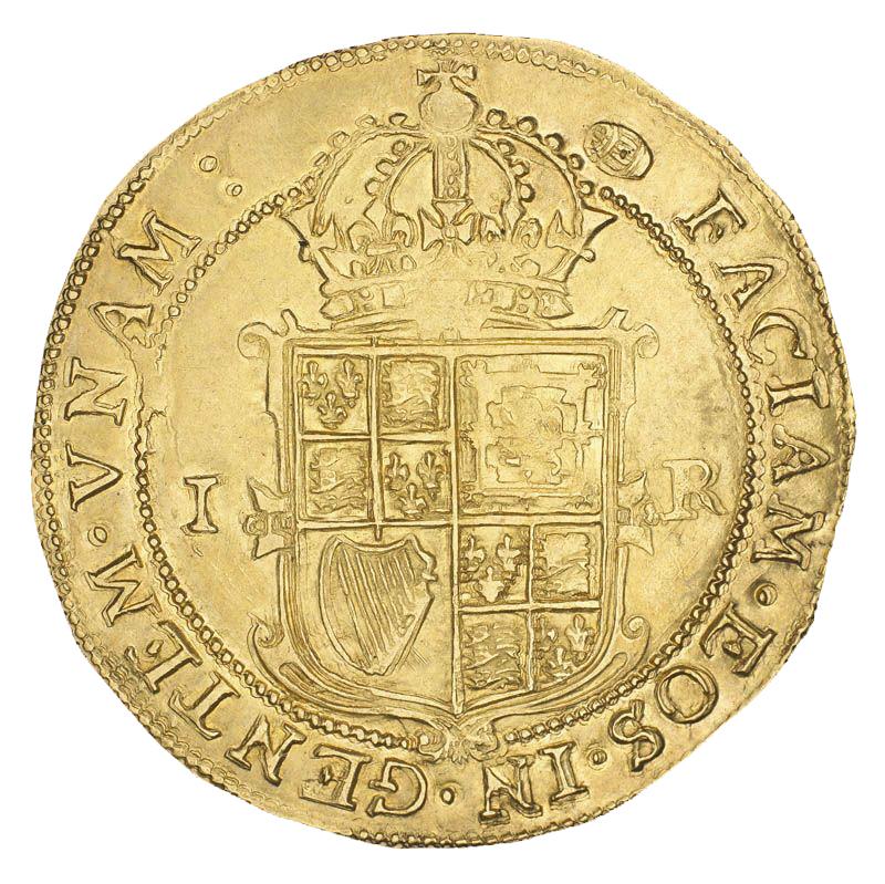 Gold coin with a crowned shield of Scottish, English and Irish symbols.