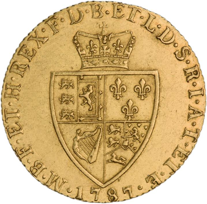 Dull, gold coin with a British coat of arms topped by a crown.