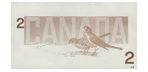 Back proof (test print) of Birds of Canada Series, 1986 $2 bill, red ink only