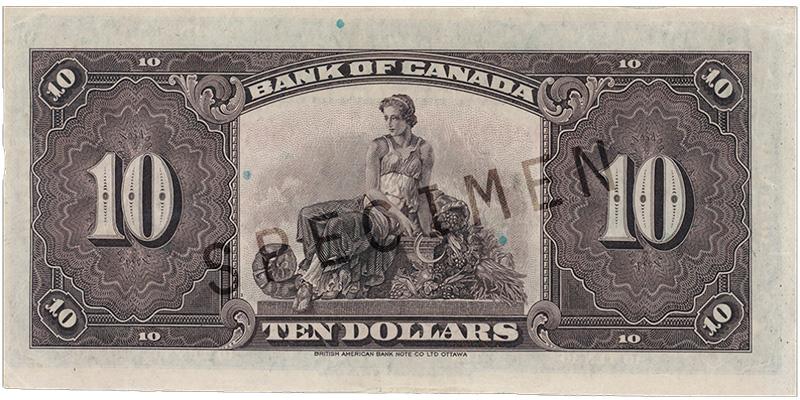 Bank note, dark purple, elaborate geometric patterns, a robed woman sitting among harvest vegetables and holding a scythe.