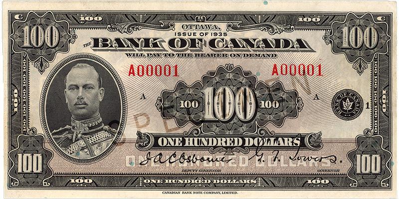 1935_100-dollar_recto_EN Bank note, grey-brown, elaborate geometric patterns, a young man in a military uniform with decorative braids: Prince Henry, Duke of Gloucester.
