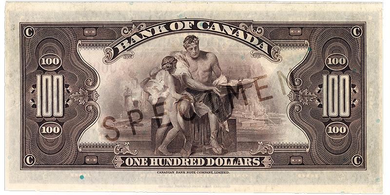 1935_100-dollar_verso_EN Bank note, grey-brown, elaborate geometric patterns, a man in robes showing a boy a model ship in front of a background of industry and smoke.