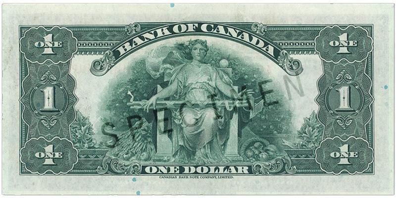 1935_1_dollar_verso_EN Bank note, green, elaborate geometric patterns, a woman in a robe sitting on a throne with garden tools across her knees.