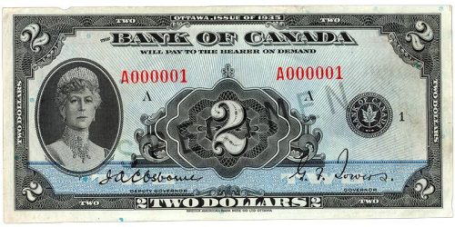 Bank note, blue, elaborate geometric patterns, a stern woman in a crown with a tall gem-studded choker necklace and crown: Queen Mary.