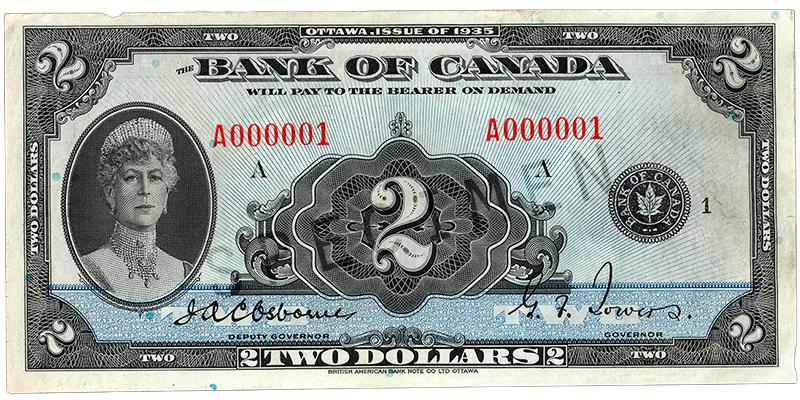 1935_2-dollar_recto_EN Bank note, blue, elaborate geometric patterns, a stern woman in a crown with a tall gem-studded choker necklace and crown: Queen Mary.