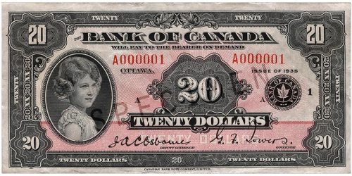 Bank note, pink, elaborate geometric patterns, a young girl with curly hair and wearing pearls: Princess Elizabeth.