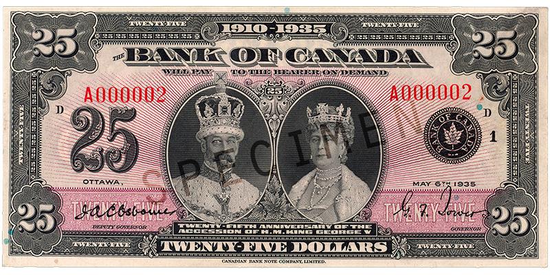 1935_25-dollar_recto_EN Bank note, purple, elaborate geometric patterns, portraits of a crowned king and queen: King George V and Queen Mary.