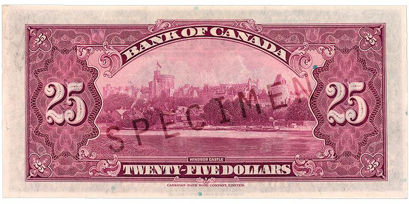 1935_25-dollar_verso_EN Bank note, purple, elaborate geometric patterns, a lake and on its far shore a sprawling castle with towers and a chapel.