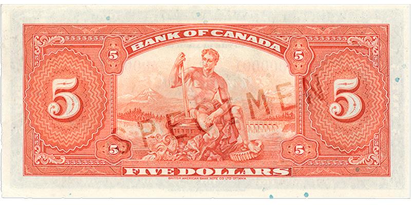1935_5-dollar_verso_EN Bank note, pale orange, elaborate geometric patterns, a nude man with tools before a background of rivers, mountains and a hydro-electric dam.