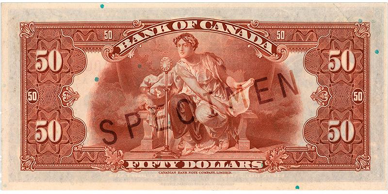 1935_50-dollar_verso_EN Bank note, terracotta colour, elaborate geometric patterns, a robed person with a wreath in their hair speaking to a microphone.
