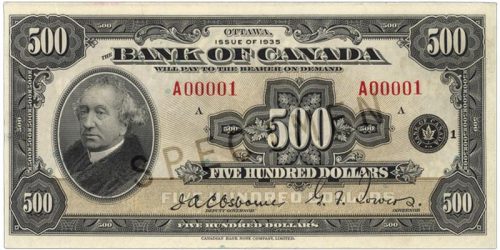 Bank note, light brown, elaborate geometric patterns, a man in a high collar and wearing a fur-collared coat: Sir John A. Macdonald.