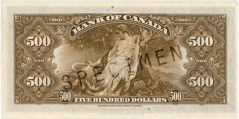 Bank note, light brown, elaborate geometric patterns, a woman in loosely draped robe holding a scythe and surrounded by harvest vegetables.