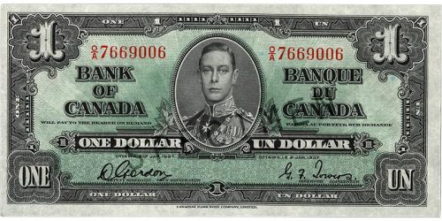 Bank note, green, elaborate geometric patterns, a young man in an old-fashioned military uniform: King George VI.