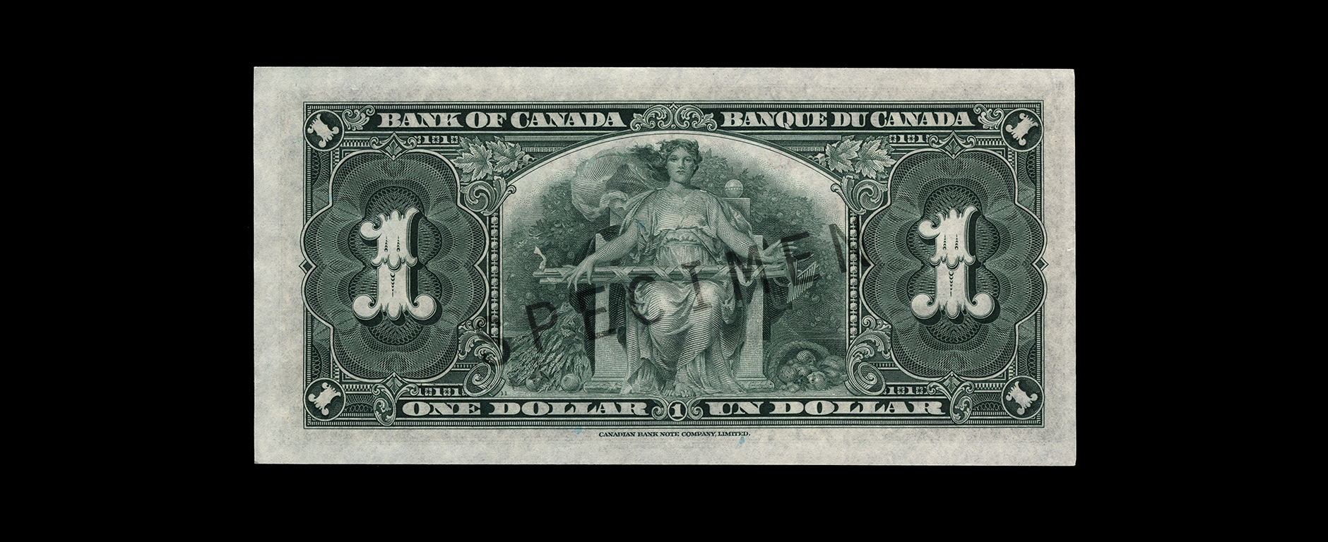 Bank note, dark green, elaborate geometric patterns, a woman in a robe sitting on a throne with garden tools across her knees.