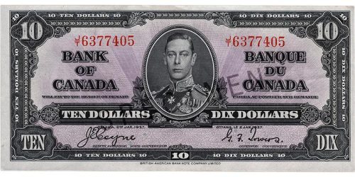 Bank note, purple, elaborate geometric patterns, a young man in an old-fashioned military uniform: King George VI.