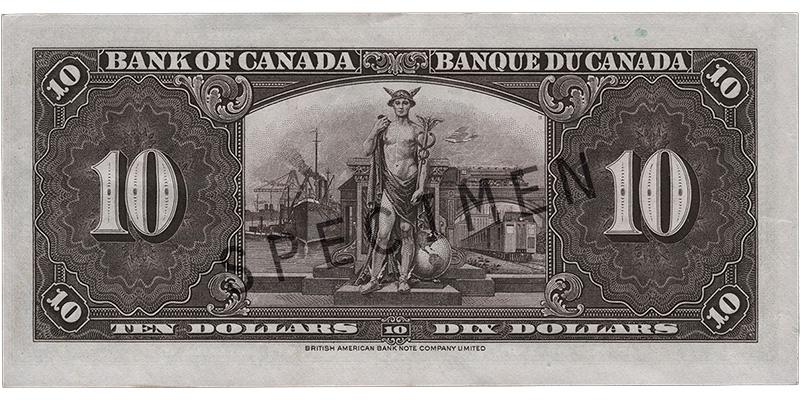 Bank note, purple, elaborate geometric patterns, a man in a winged helmet standing before steam ships in a harbour, trains and an airplane.