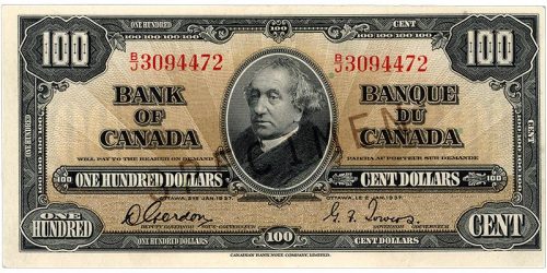 Bank note, brown, elaborate geometric patterns, a man in a high collar and wearing a fur-collared coat: Sir John A. Macdonald.