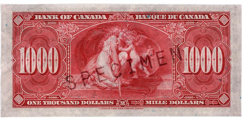 1937_1000-dollar_verso Bank note, pink, elaborate geometric patterns, a robed woman in a helmet protecting a child with her shield.