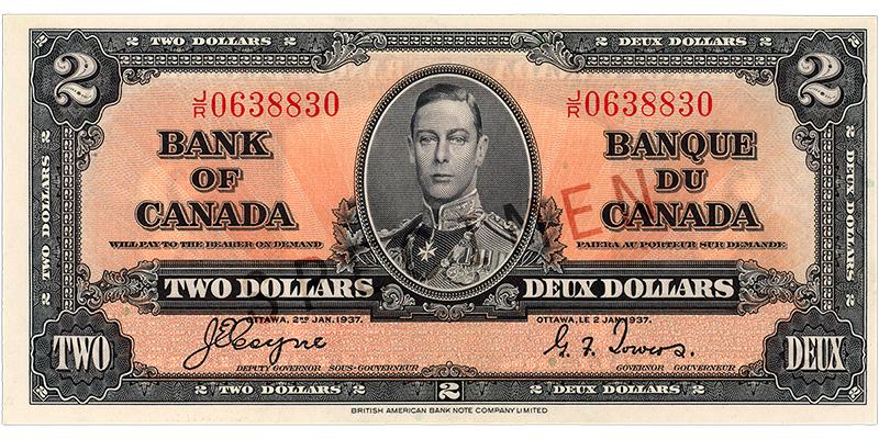 1937_2-dollar_recto Bank note, terracotta pink, elaborate geometric patterns, a young man in an old-fashioned military uniform: King George VI.