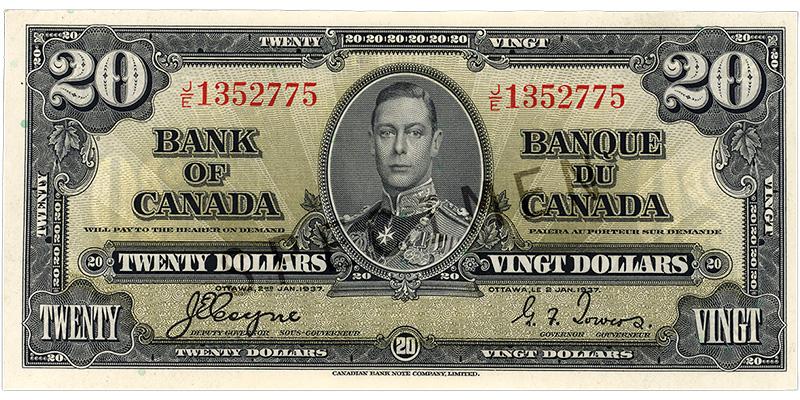 1937_20-dollar_recto Bank note, pale green, cropped, elaborate geometric patterns, a young man in an old-fashioned military uniform: King George VI.