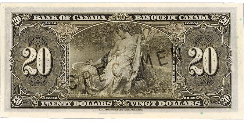 1937_20-dollar_verso Bank note, pale green, elaborate geometric patterns, a woman in a robe beneath an apple tree holding a scythe and surrounded by harvest vegetables.