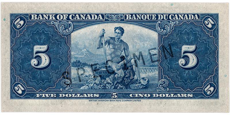 Bank note, blue, elaborate geometric patterns, a nude man with tools before a background of rivers, mountains and a hydro dam.