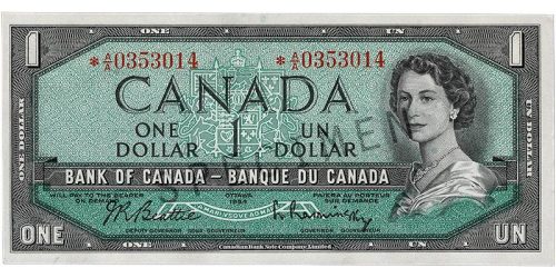 Bank note, green, a frame of geometric patterns, a young woman with curly hair and a pearl necklace: Queen Elizabeth II.