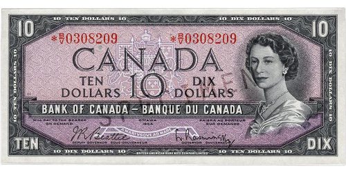 Bank note, purple, a frame of geometric patterns, a young woman with curly hair and a pearl necklace: Queen Elizabeth II.