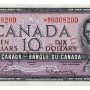 Bank note, purple, a frame of geometric patterns, a young woman with curly hair and a pearl necklace: Queen Elizabeth II.