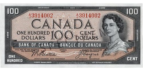 Bank note, brown, a frame of geometric patterns, a young woman with curly hair and a pearl necklace: Queen Elizabeth II.