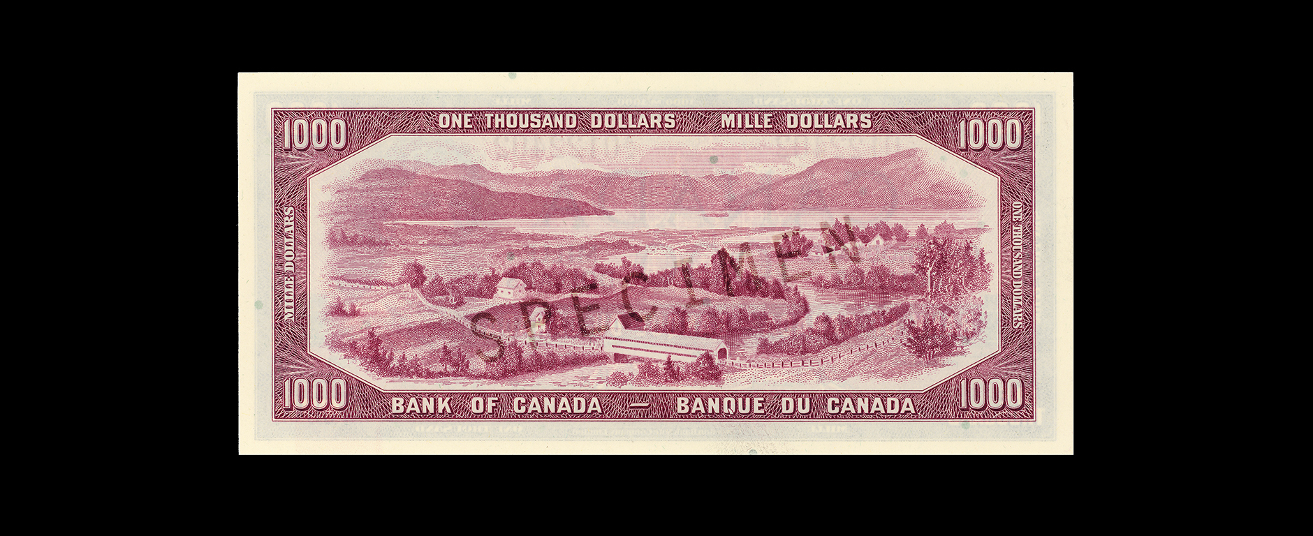 Bank note, pink, elaborate geometric patterns, a river among tall hills, a covered bridge and farms in the foreground.