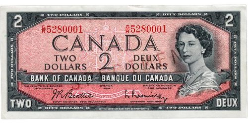 Bank note, pink, a frame of geometric patterns, a young woman with curly hair and a pearl necklace: Queen Elizabeth II.