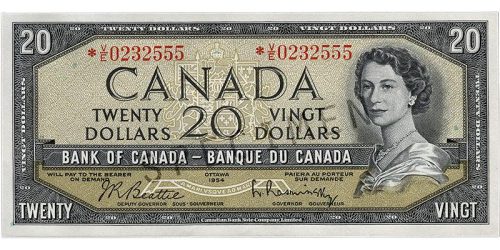 Bank note, pale green, a frame of geometric patterns, a young woman with curly hair and a pearl necklace: Queen Elizabeth II.