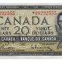 Bank note, pale green, a frame of geometric patterns, a young woman with curly hair and a pearl necklace: Queen Elizabeth II.