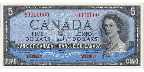 Bank note, blue, a frame of geometric patterns, a young woman with curly hair and a pearl necklace: Queen Elizabeth II.