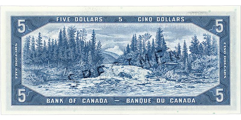 Bank note, blue, a frame of geometric patterns, a forested landscape of hills, a low waterfall spreading into a broad, rocky river.